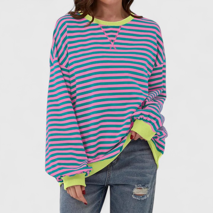 Women's Striped Sweater – Loose Fit Round Neck Long Sleeve Knit