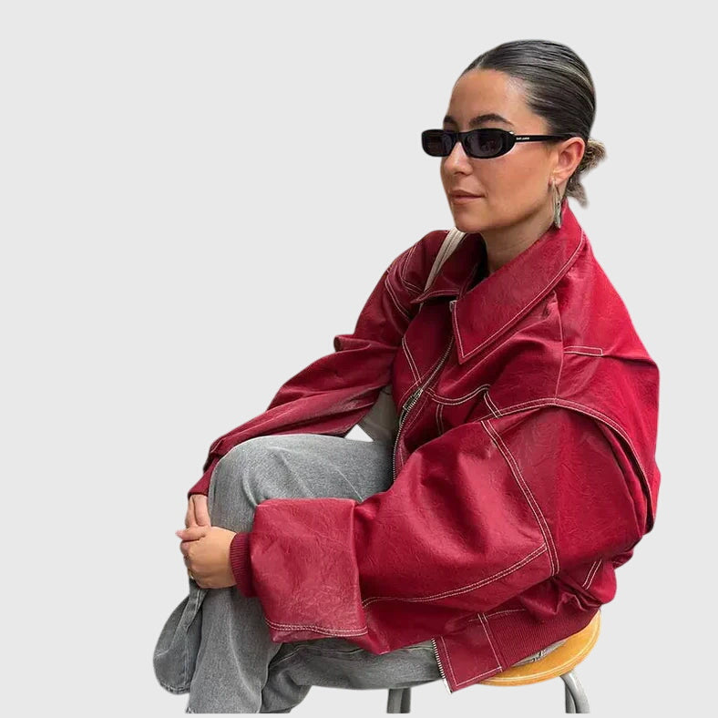Women's Faux Leather Jacket – Oversized Red Biker Style Jacket