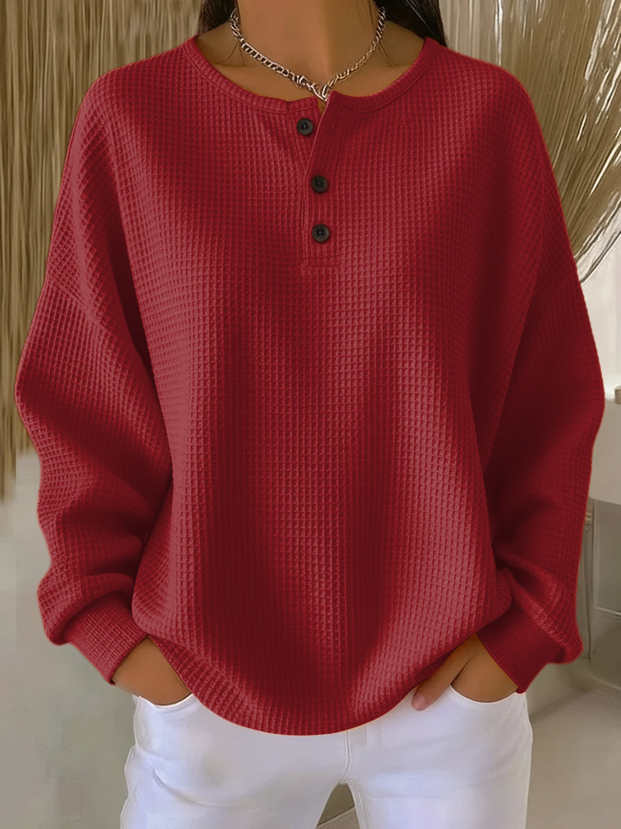 Women's Henley Sweater – Button Neck Relaxed Fit Knit Pullover