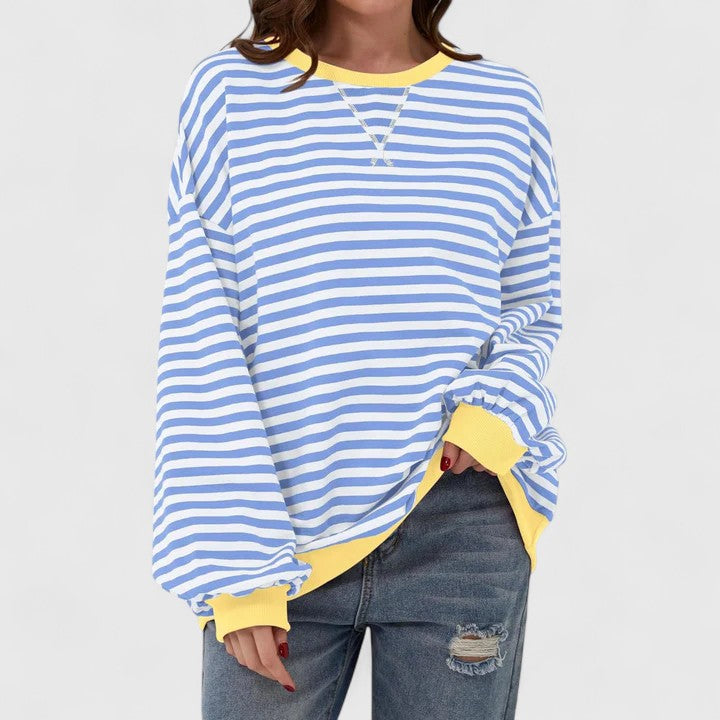 Women's Striped Sweater – Loose Fit Round Neck Long Sleeve Knit