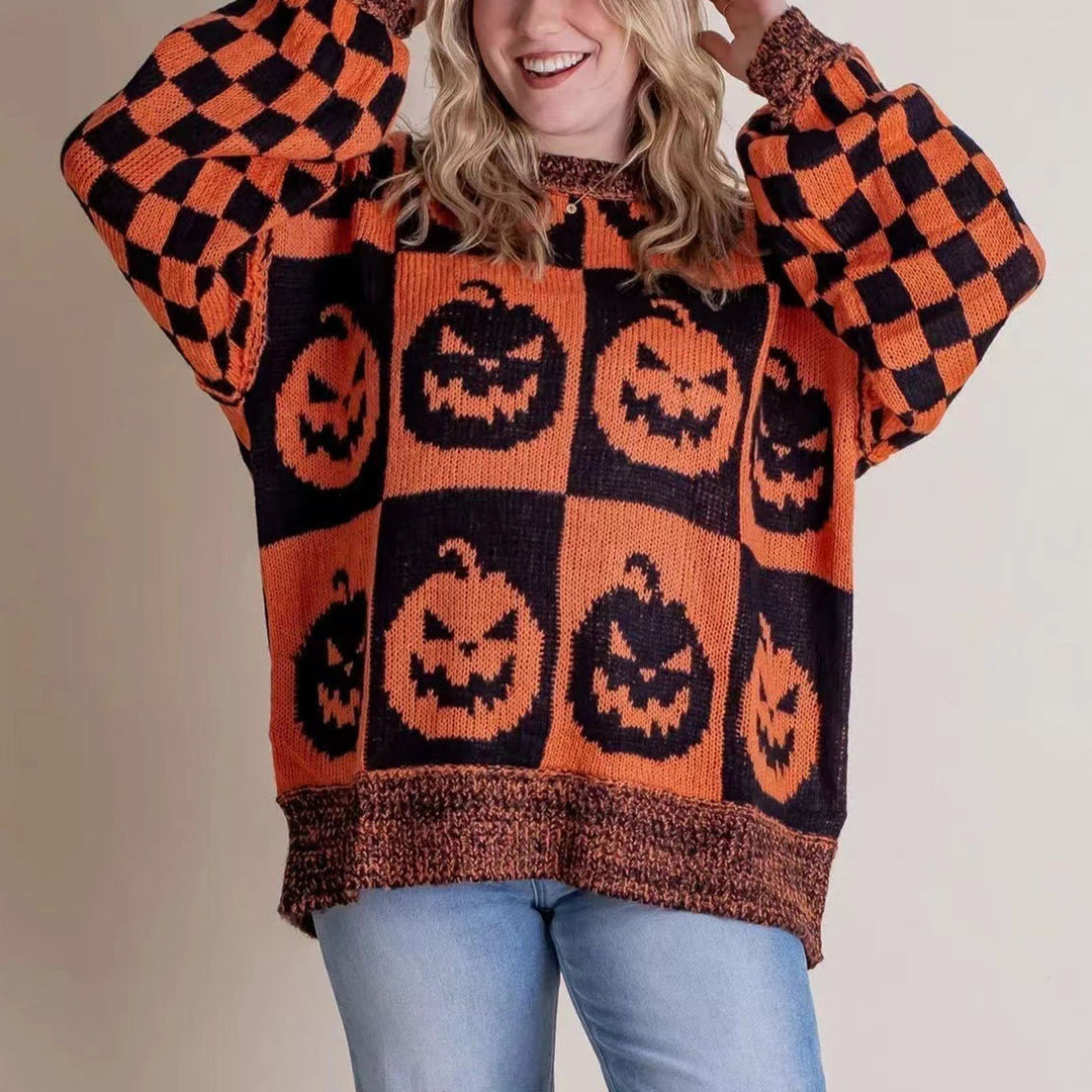 Women's Halloween Sweater – Pumpkin Print Checkered Knit Pullover