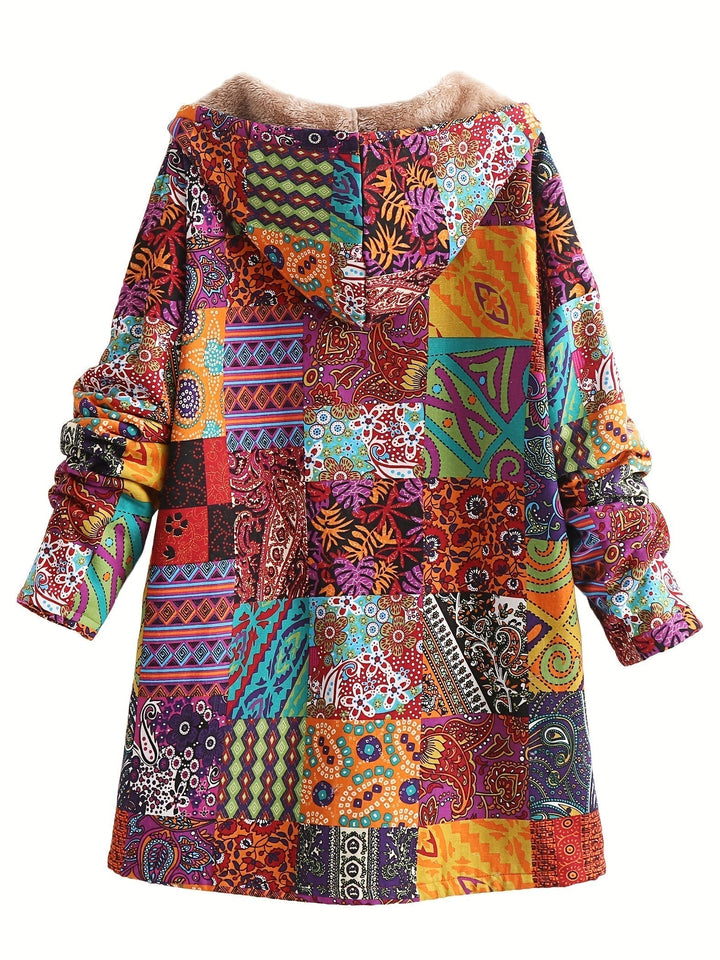 Women's Patchwork Jacket – Hooded Warm Lined Boho Winter Coat