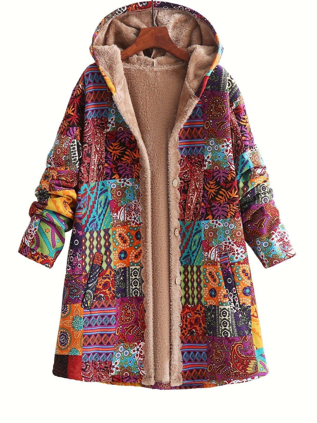 Women's Patchwork Jacket – Hooded Warm Lined Boho Winter Coat