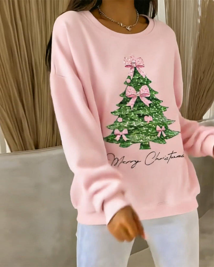 Women's Christmas Sweatshirt – Xmas Tree Print Round Neck Pullover