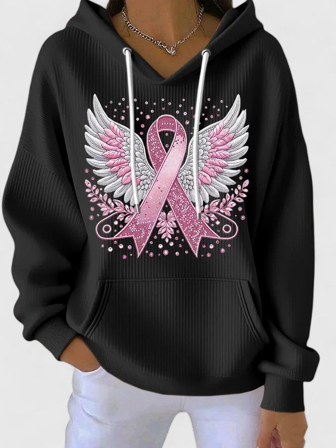 Women's Ribbon Print Hoodie – Drawstring Sweatshirt with Pockets