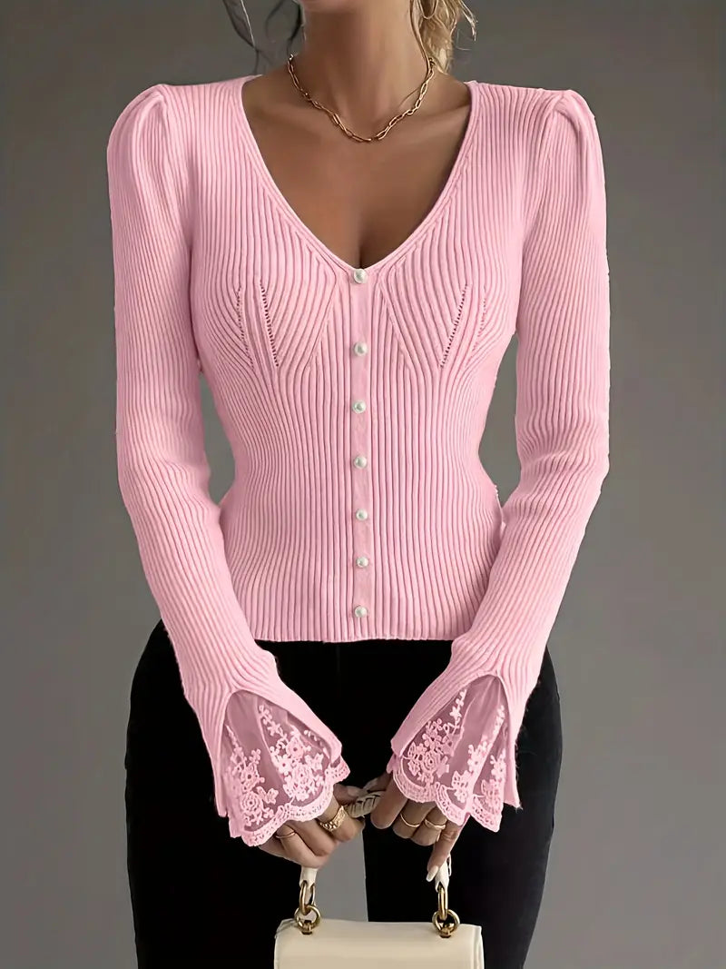 Women's V-Neck Sweater – Lace Flared Sleeve Pearl Button Knit Top