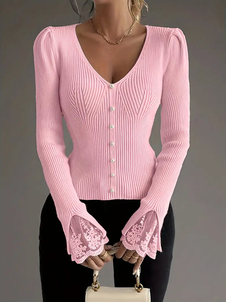 Women's V-Neck Sweater – Lace Flared Sleeve Pearl Button Knit Top