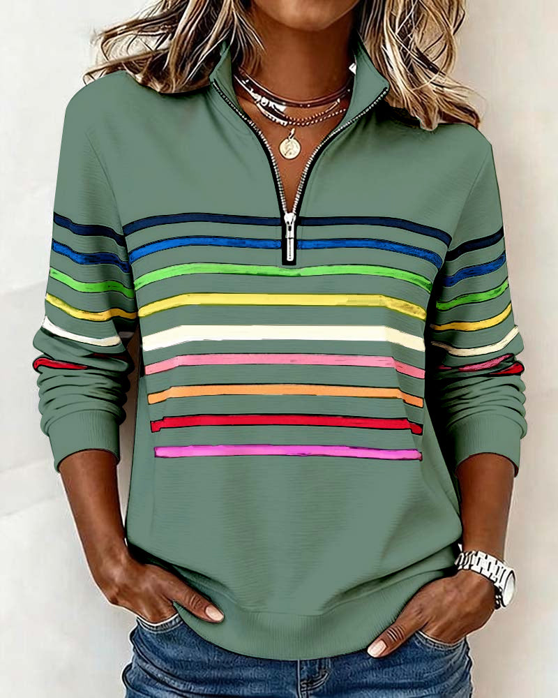Women's Half Zip Sweatshirt – Rainbow Stripe Stand Collar Pullover