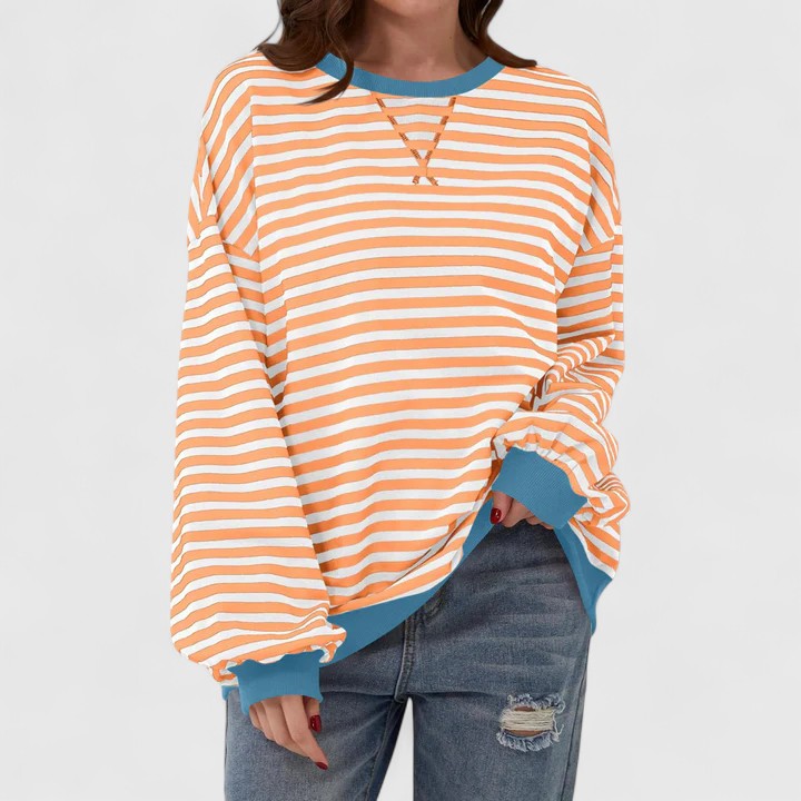 Women's Striped Sweater – Loose Fit Round Neck Long Sleeve Knit