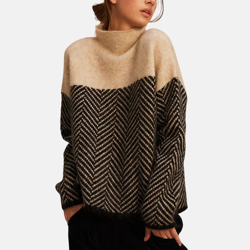 Women's High Neck Sweater – Herringbone Knit Relaxed Fit Pullover