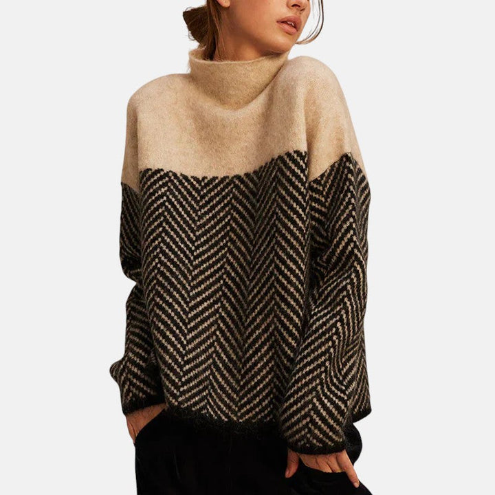 Women's High Neck Sweater – Herringbone Knit Relaxed Fit Pullover