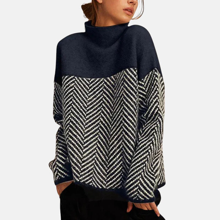 Women's High Neck Sweater – Herringbone Knit Relaxed Fit Pullover