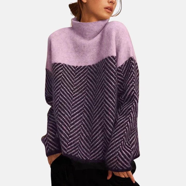 Women's High Neck Sweater – Herringbone Knit Relaxed Fit Pullover