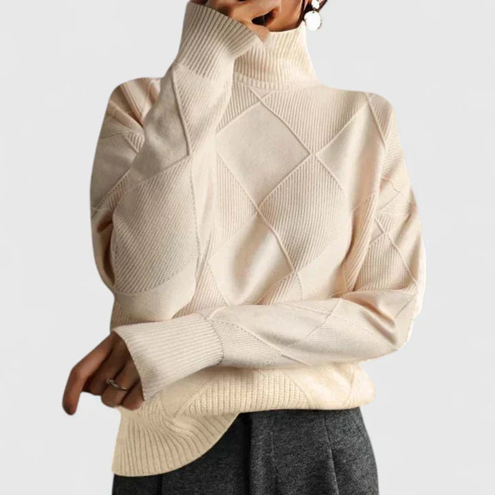 Women's High Neck Sweater – Loose Fit Soft Patterned Knit Pullover