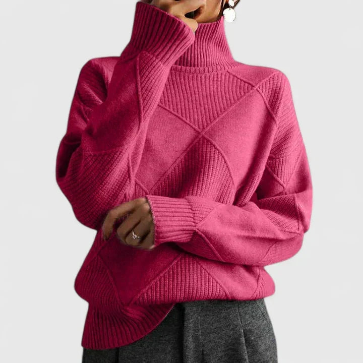Women's High Neck Sweater – Loose Fit Soft Patterned Knit Pullover