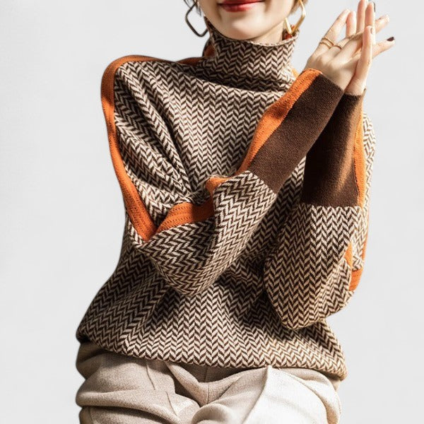 Women's Striped Sweater – High Neck Colorblock Knit Pullover