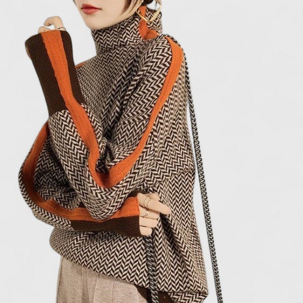 Women's Striped Sweater – High Neck Colorblock Knit Pullover