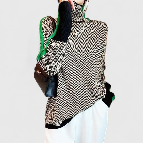 Women's Striped Sweater – High Neck Colorblock Knit Pullover