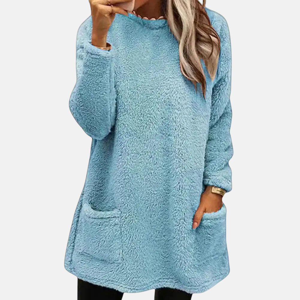 Women's Long Sweater – Mid Length Thick Knit Pullover with Pockets