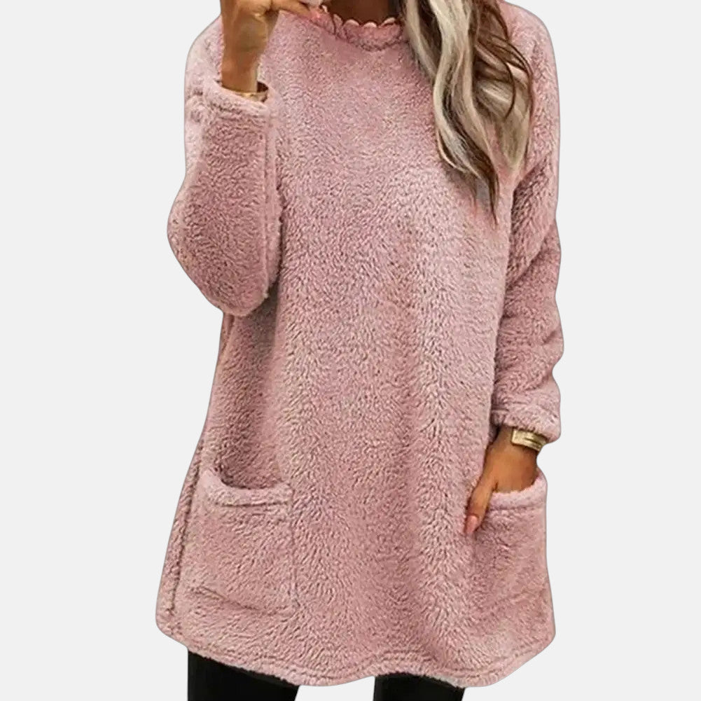 Women's Long Sweater – Mid Length Thick Knit Pullover with Pockets