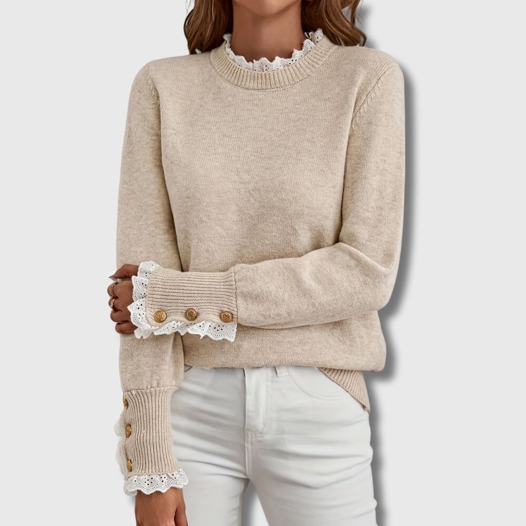 Women's Lace Trim Sweater – Button Detail Ribbed Knit Pullover