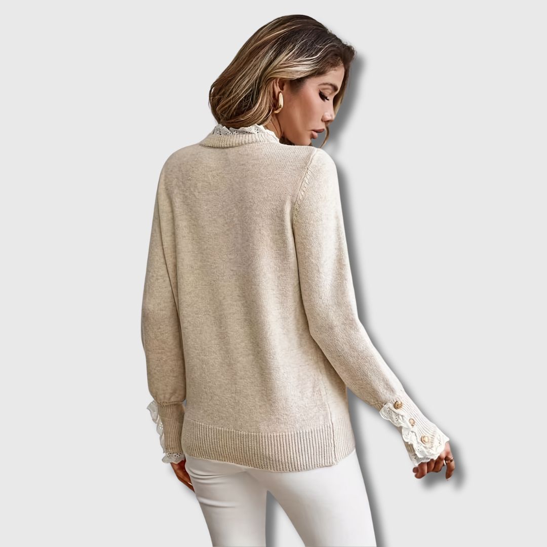 Women's Lace Trim Sweater – Button Detail Ribbed Knit Pullover