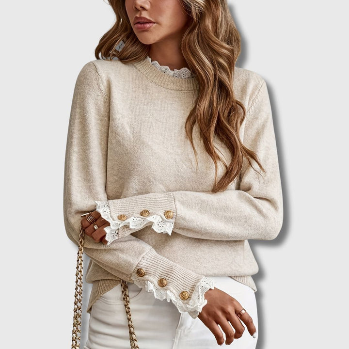 Women's Lace Trim Sweater – Button Detail Ribbed Knit Pullover