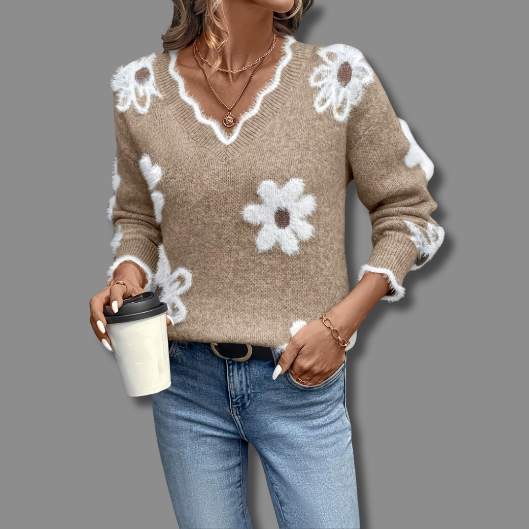 Women's Floral V-Neck Sweater – Soft Knit Pullover Top
