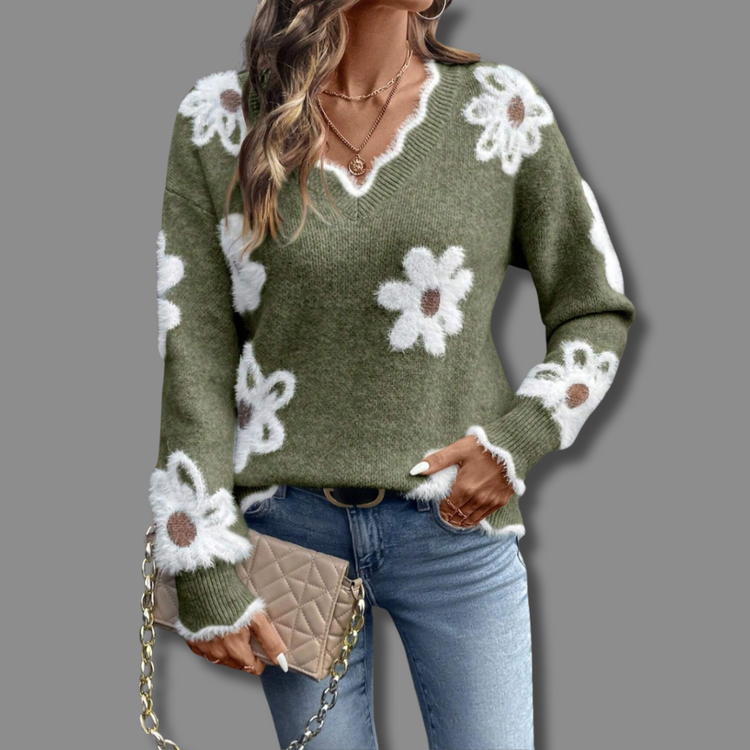 Women's Floral V-Neck Sweater – Soft Knit Pullover Top