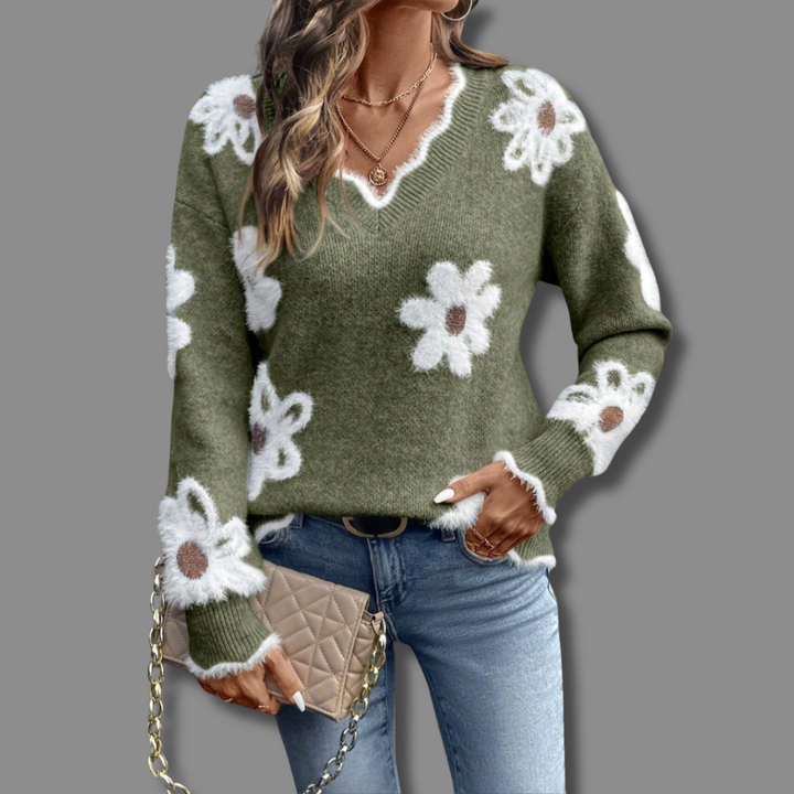 Women's Floral V-Neck Sweater – Soft Knit Pullover Top