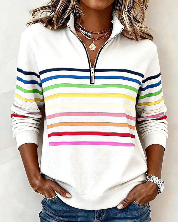 Women's Half Zip Sweatshirt – Rainbow Stripe Stand Collar Pullover