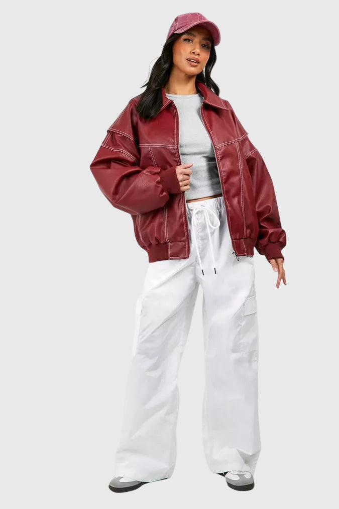 Women's Faux Leather Jacket – Oversized Red Biker Style Jacket