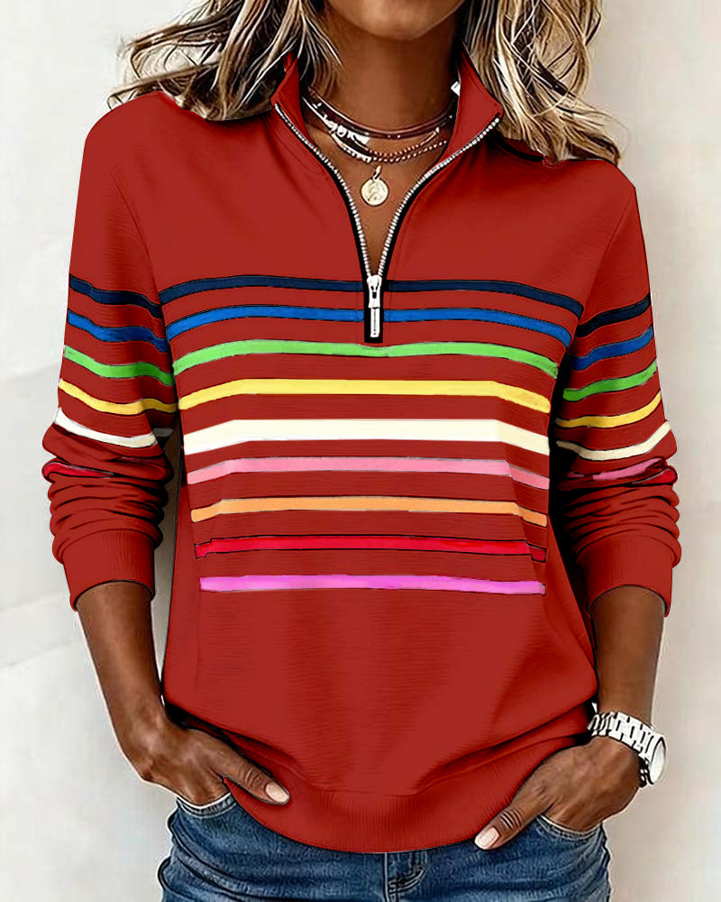 Women's Half Zip Sweatshirt – Rainbow Stripe Stand Collar Pullover