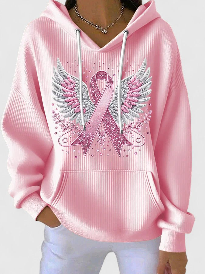 Women's Ribbon Print Hoodie – Drawstring Sweatshirt with Pockets