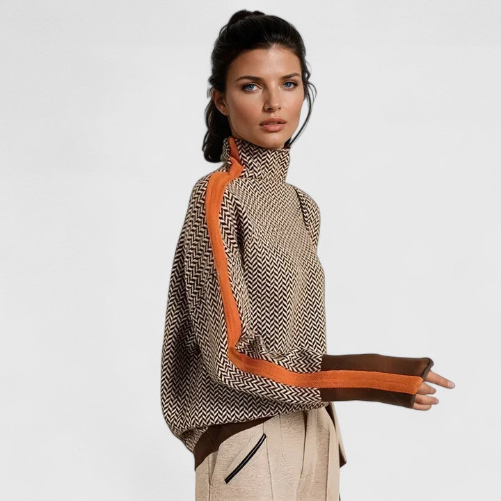 Women's Striped Sweater – High Neck Colorblock Knit Pullover
