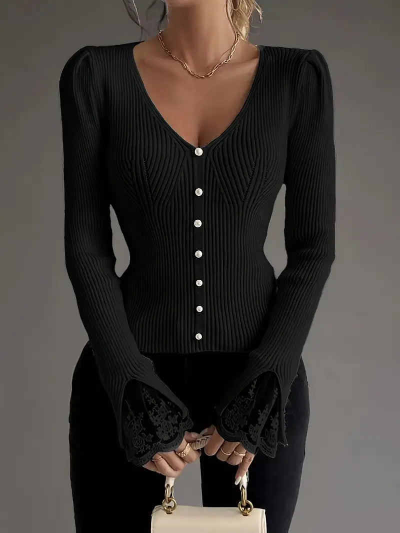 Women's V-Neck Sweater – Lace Flared Sleeve Pearl Button Knit Top