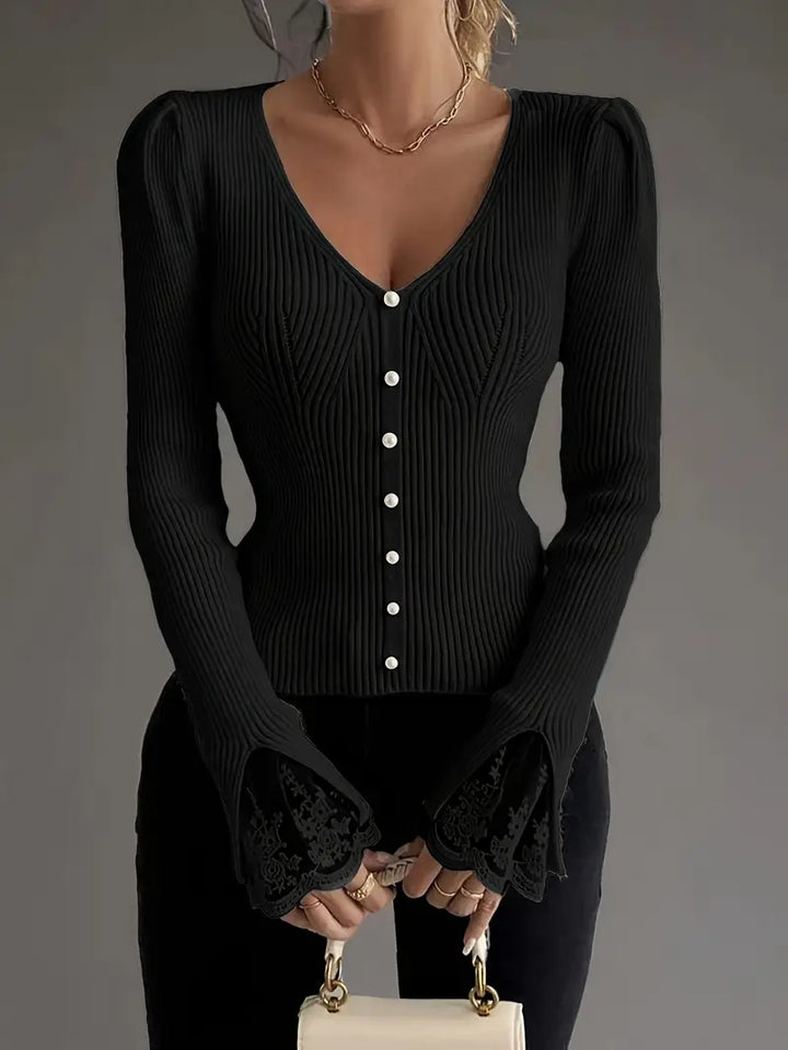 Women's V-Neck Sweater – Lace Flared Sleeve Pearl Button Knit Top