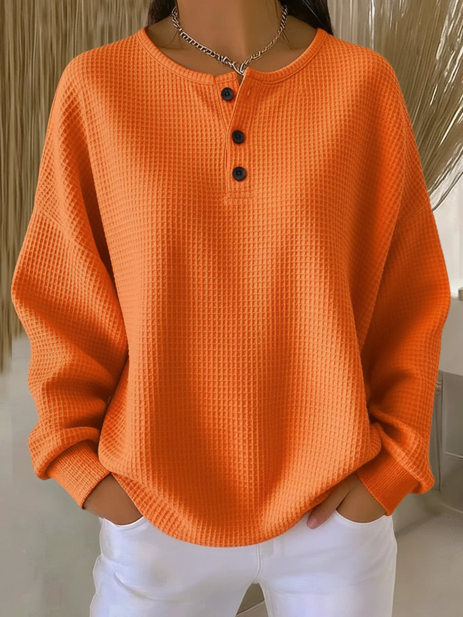Women's Henley Sweater – Button Neck Relaxed Fit Knit Pullover