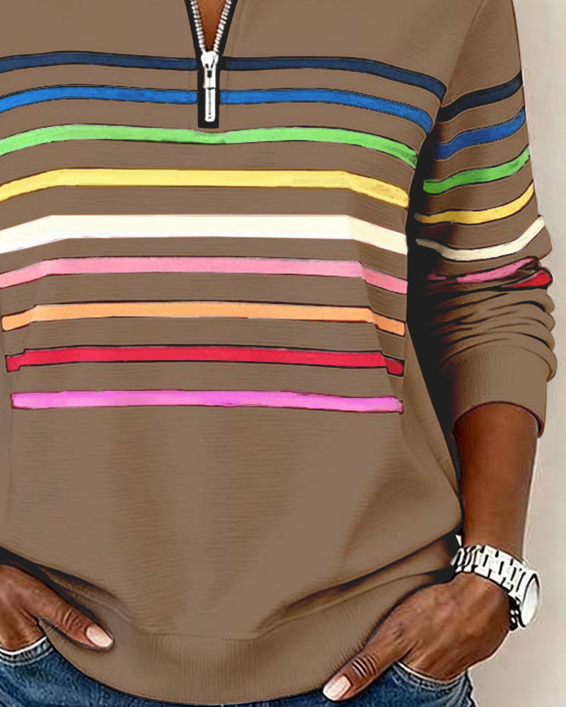 Women's Half Zip Sweatshirt – Rainbow Stripe Stand Collar Pullover