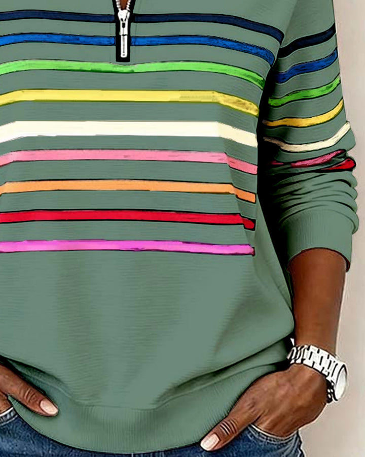 Women's Half Zip Sweatshirt – Rainbow Stripe Stand Collar Pullover