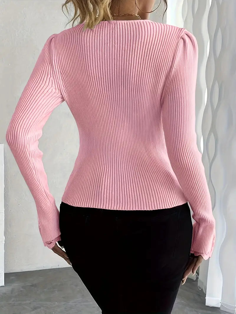 Women's V-Neck Sweater – Lace Flared Sleeve Pearl Button Knit Top
