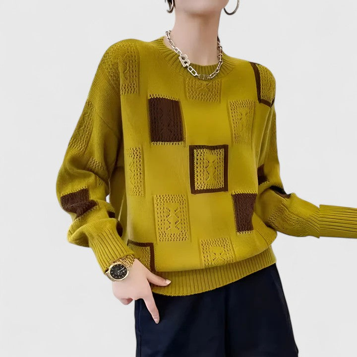 Women's Knit Sweater – Openwork Round Neck Pullover, Soft and Warm
