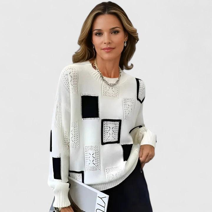 Women's Knit Sweater – Openwork Round Neck Pullover, Soft and Warm