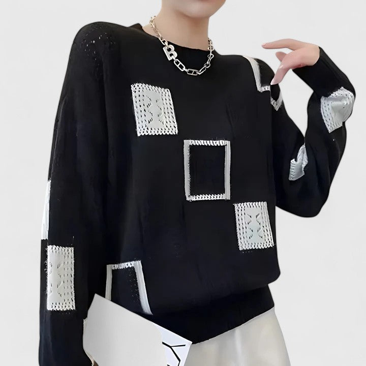 Women's Knit Sweater – Openwork Round Neck Pullover, Soft and Warm