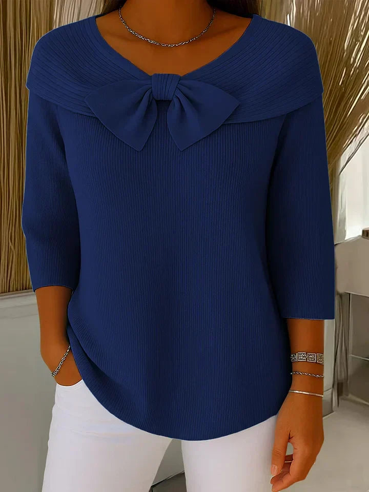 Women's Bow Detail Sweater – Fitted Round Neck Knit Pullover
