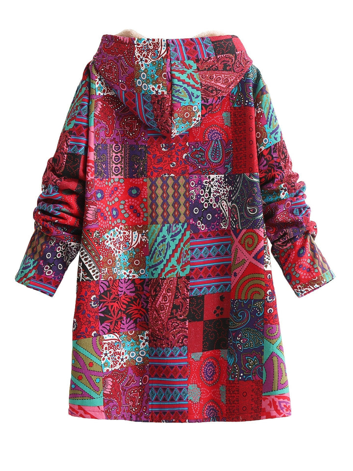 Women's Patchwork Jacket – Hooded Warm Lined Boho Winter Coat