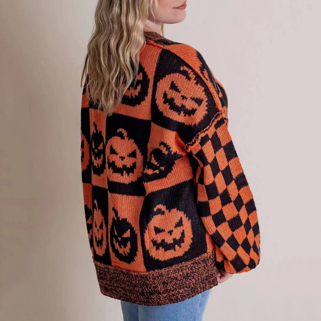Women's Halloween Sweater – Pumpkin Print Checkered Knit Pullover