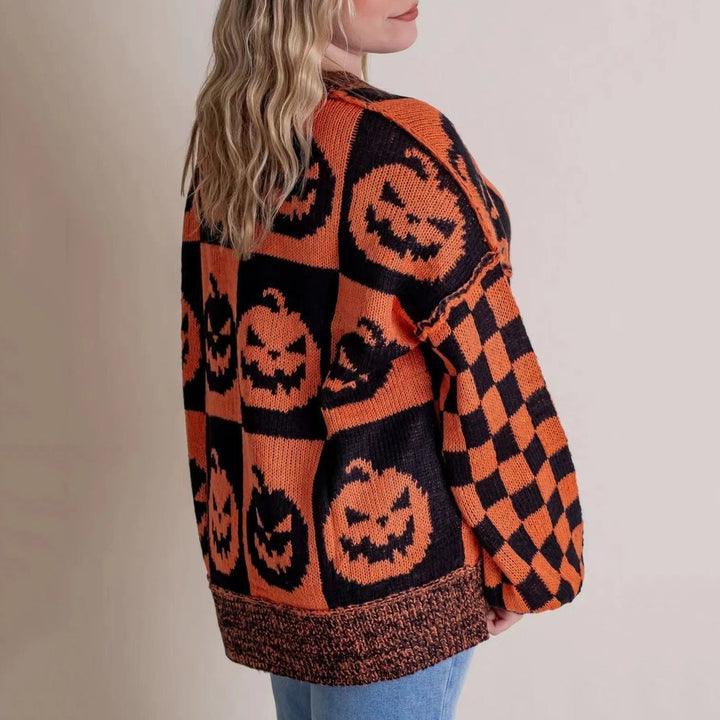 Women's Halloween Sweater – Pumpkin Print Checkered Knit Pullover