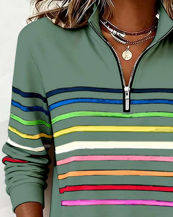 Women's Half Zip Sweatshirt – Rainbow Stripe Stand Collar Pullover