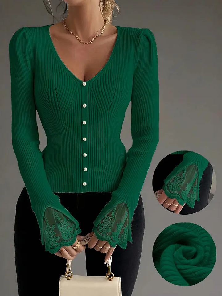 Women's V-Neck Sweater – Lace Flared Sleeve Pearl Button Knit Top